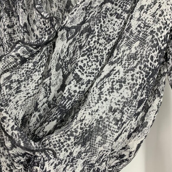 Guess Top Gray Snake Print Sheer Long Sleeve V Neck Ruffle - Picture 7 of 12